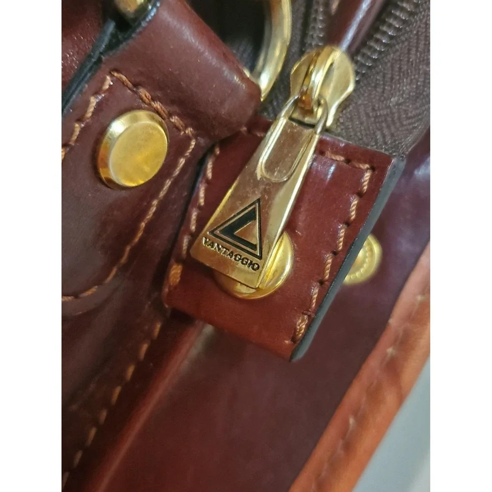Cognac Brown Leather Briefcase‎ Lap Top Case Dbl Handle Shoulder Strap Vantaggio
